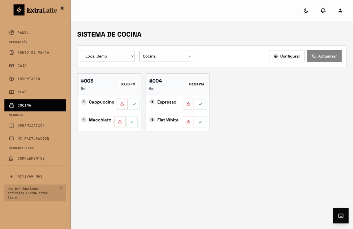Pantalla de cocina con comandas en preparación