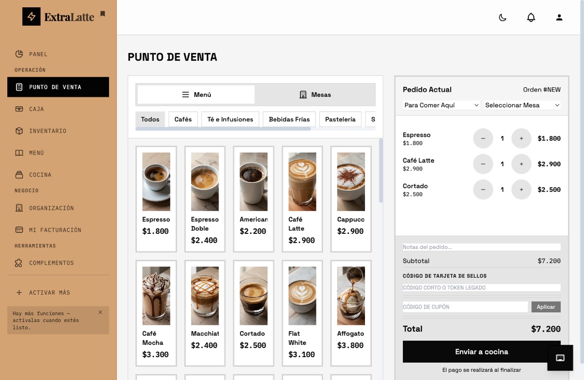 Punto de venta con menú de cafetería y pedido en curso